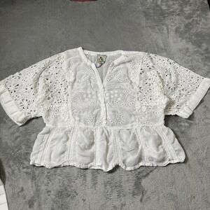 JOHNNY WAS Womens Embroidered Eyelet Top Boho Peasant Flowy Floral Blouse Sz M